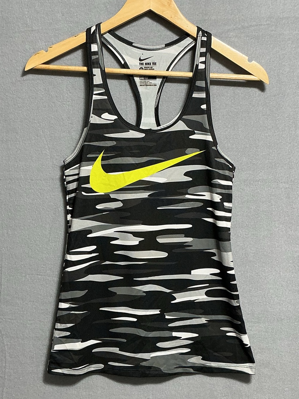 Nike Dri-FIT Women’s XS Camo Racerback Tank Neon Swoosh Athletic Top